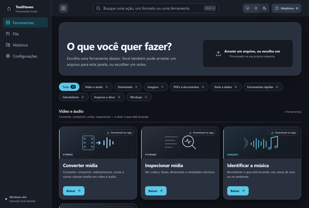 O mesmo catálogo do ToolHaven no tema escuro, num fundo quase preto.
